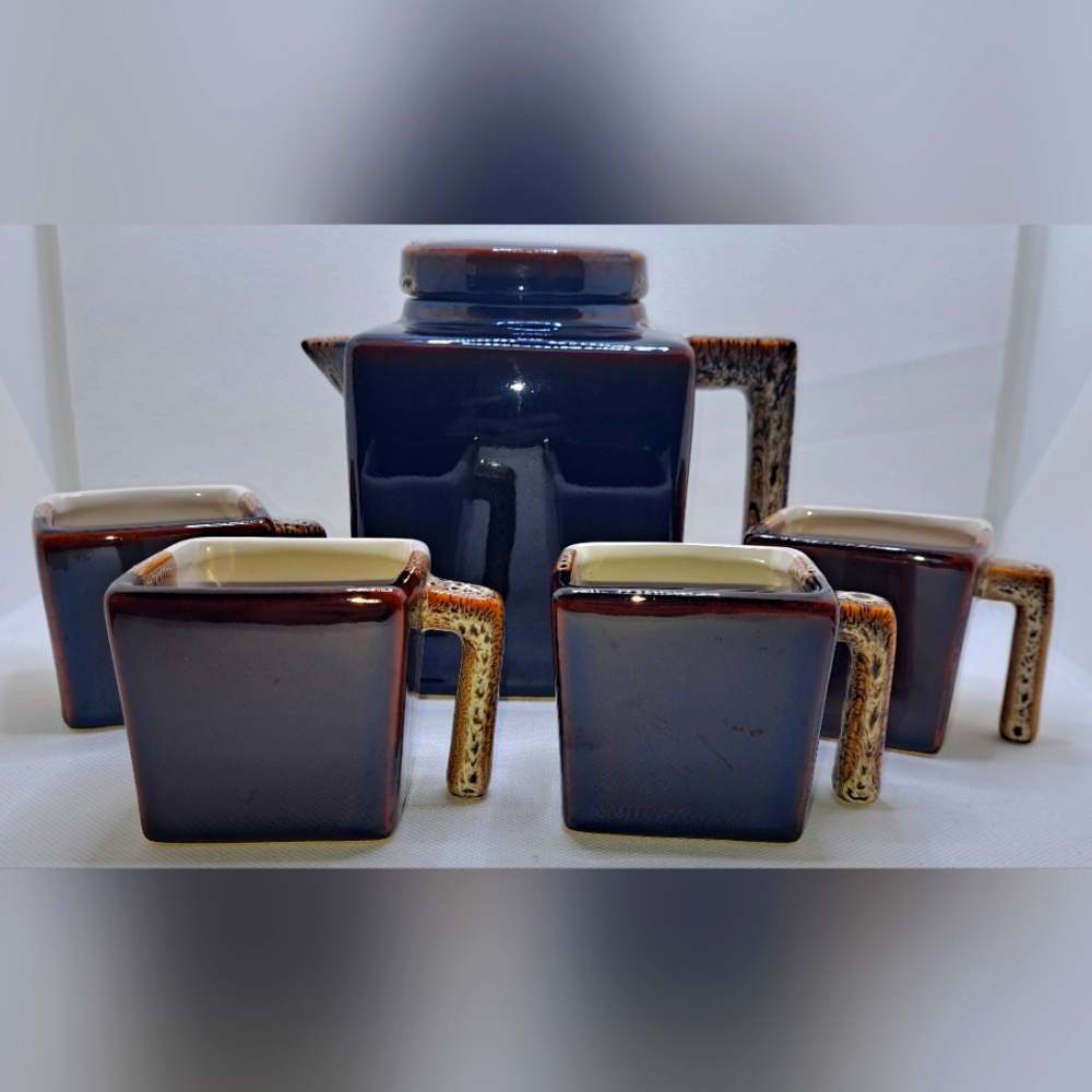 Pier 1, Tri-color, Square, Hand Painted, Stoneware, Tea Pot and Tea Cups